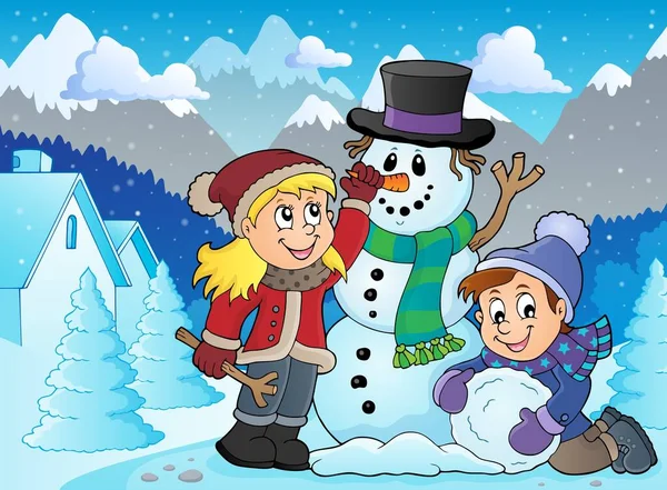 Niños Construyendo Muñeco Nieve Tema Imagen Ilustración Imagen — Foto de Stock