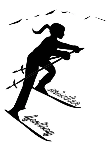 冬の女性スキーヤーの黒いシルエットを感じ図 — ストック写真