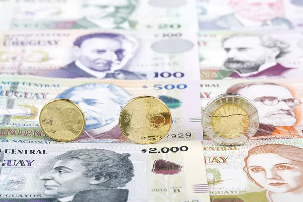 Uruguayische Peso Münzen Auf Dem Hintergrund Von Banknoten — Stockfoto