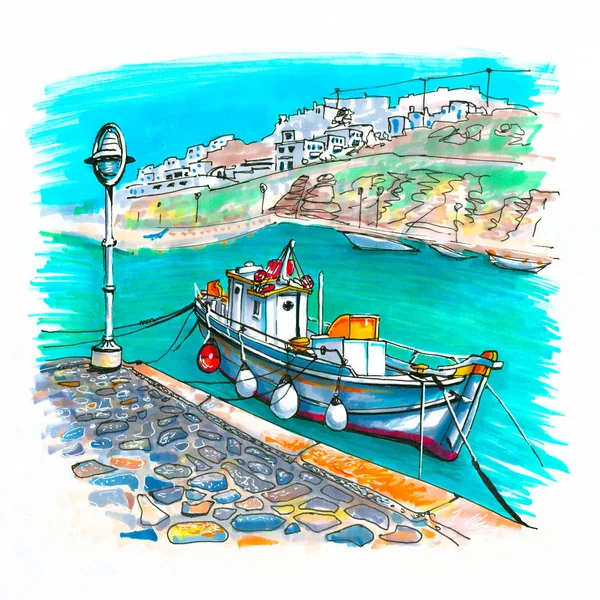 Pier Halászhajók Harbour Chora Városközpont Mykonos Görögország Képet Markerek — Stock Fotó