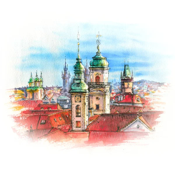 Watercolor sketch of Old Town in Prague with domes of churches, Bell tower of the Old Town Hall, Powder Tower, Czech Republic