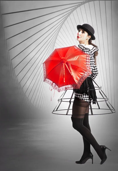 Young Woman Clown Red Umbrella — Stock Photo, Image