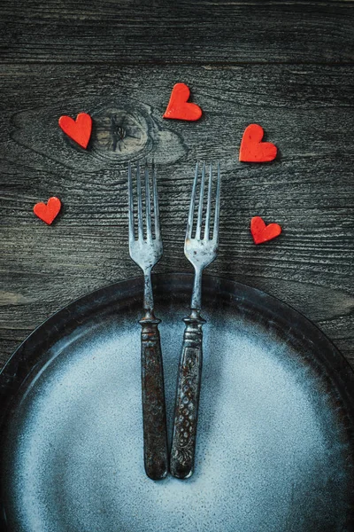 Restaurant menu. Valentines day dinner with table setting in rustic wood style with cutlery