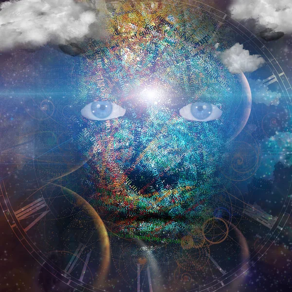 Πρόσωπο Του Σύμπαντος Φτιαγμένο Από Γράμματα Σύννεφα — Φωτογραφία Αρχείου