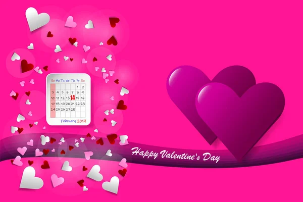 情人节向量与两个粉红色的心在右侧的向量 日历页周围有很多心是在矢量的左侧 都是在一个时髦的粉红色背景 — 图库照片