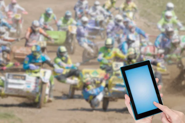 Sidecarcross Race Infografisches Konzept Finger Berühren Tablet Leeren Bildschirm Bereit — Stockfoto