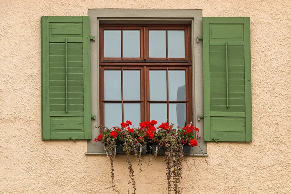 Window with green shutters and a flower box with red flowers