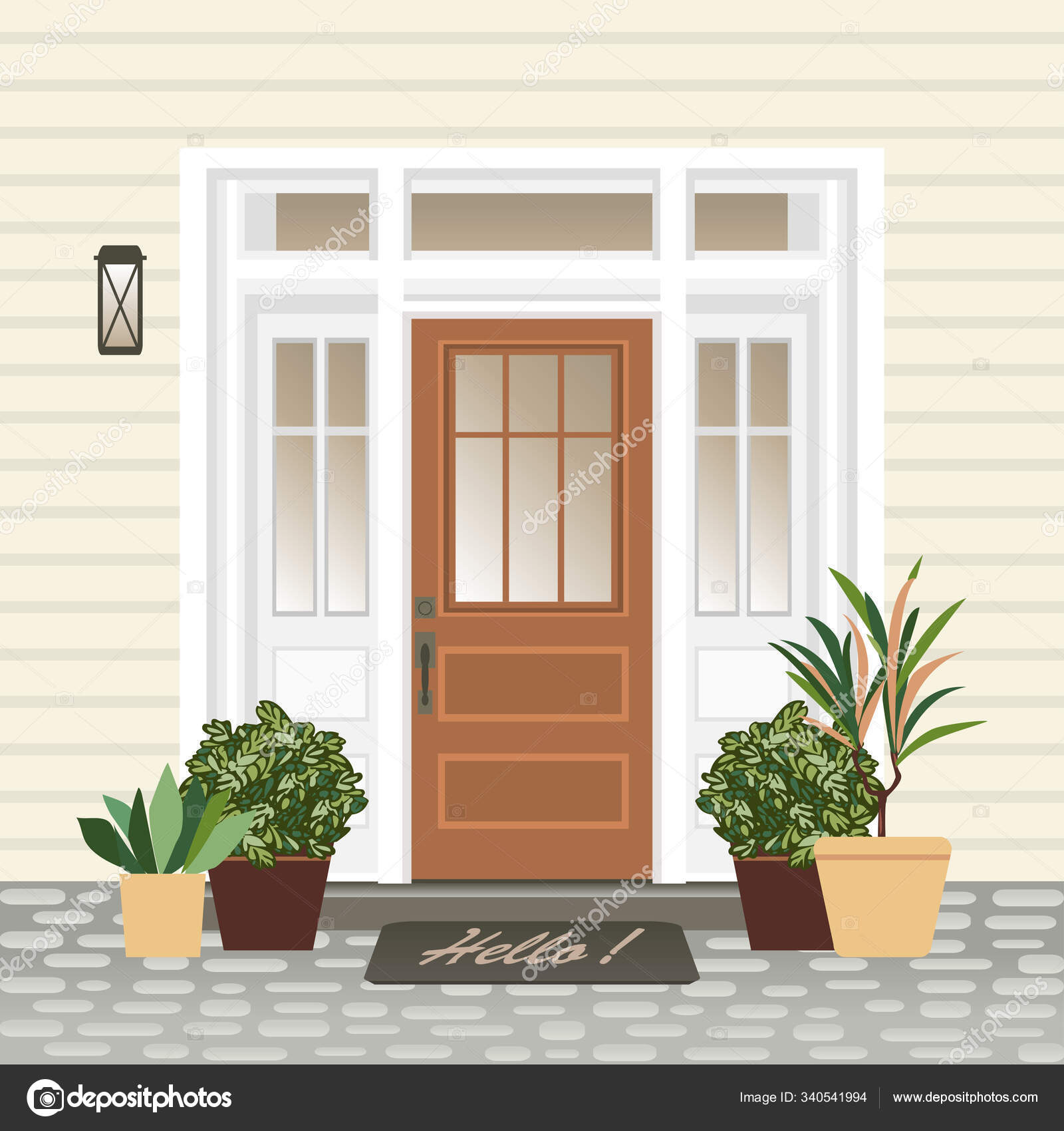 House door front with doorstep and steps porch, window, lamp, flowers in  pot, building entry facade, exterior entrance design illustration vector  flat style Stock Vector