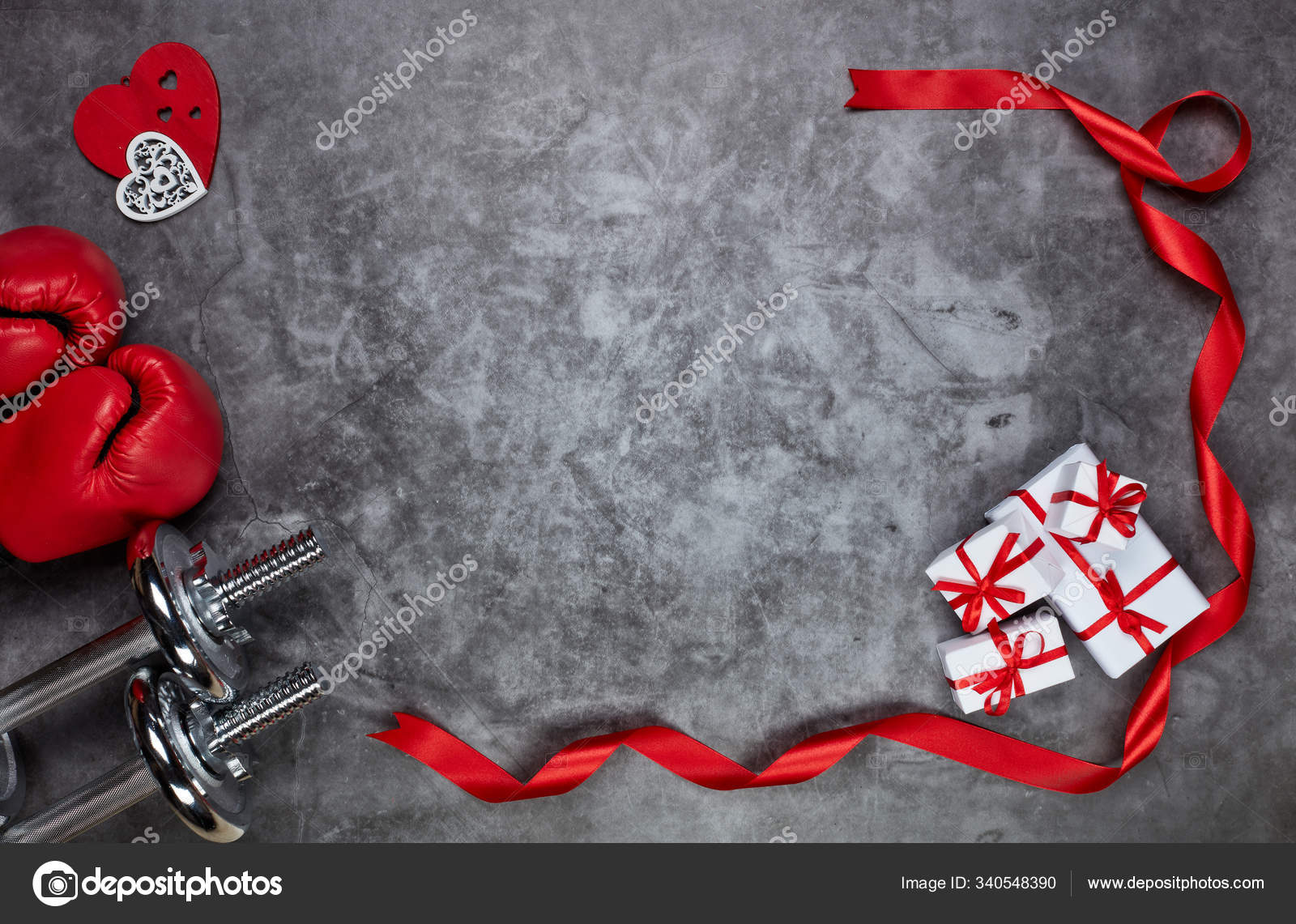 Dumbbells Boxing Gloves Gift Boxes Red Hearts Grey Background Top Stock