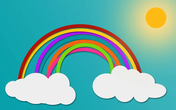 Cloud and Rainbow in blue sky paper art, 3D rendering