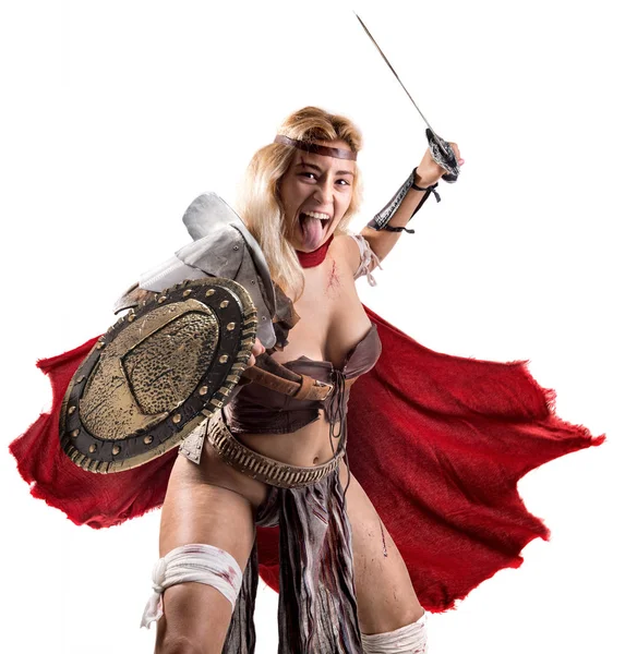 Oude Vrouw Krijger Gladiator Geïsoleerd Het Wit — Stockfoto