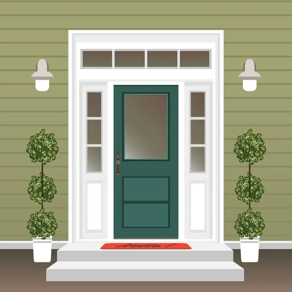 House Door Front Doorstep Mat Steps Window Lamp Flowers Pot — Stock Photo, Image