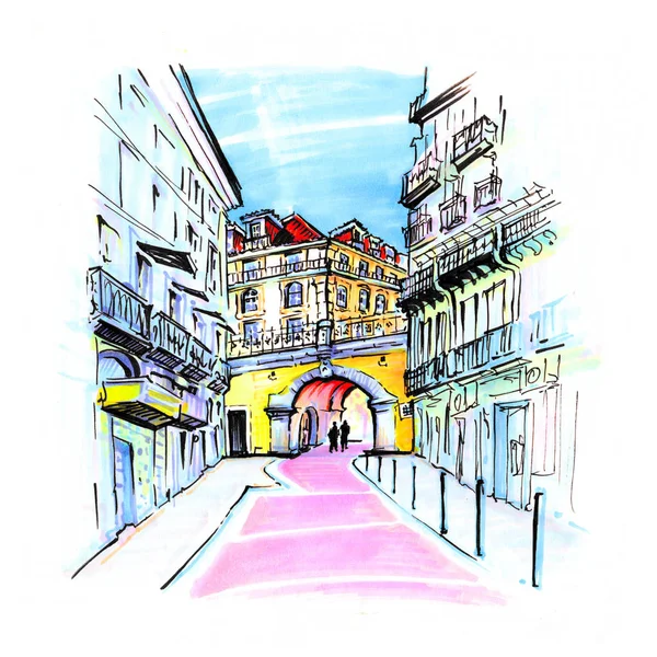 著名的粉红街鲁阿诺多卡瓦略在卡伊斯杜索德雷地区 葡萄牙 图片制作的标记 — 图库照片