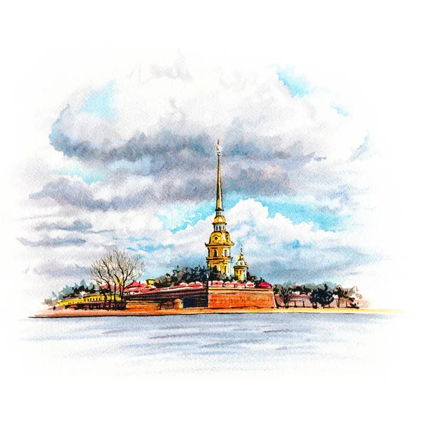 Bosquejo Acuarela Fortaleza Pedro Pablo San Petersburgo Rusia —  Fotos de Stock