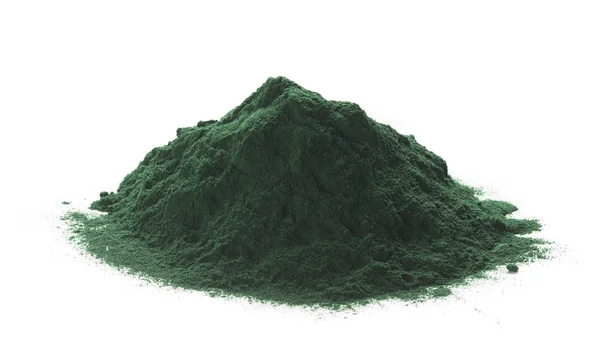 Närbild Organiska Spirulina Pulver Hög Över Vit Bakgrund — Stockfoto