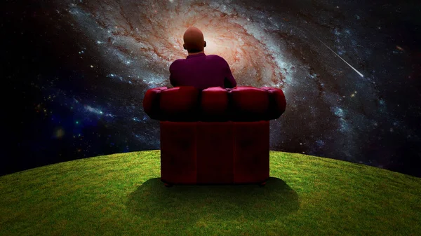 Сюрреалистичная Композиция Человек Сидит Красном Кресле Наблюдает Яркую Галактику Рендеринг — стоковое фото