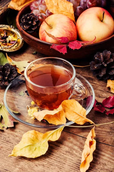 Tasse Mit Tee Auf Herbstlichem Hintergrund Von Fallenden Blättern Und — Stockfoto