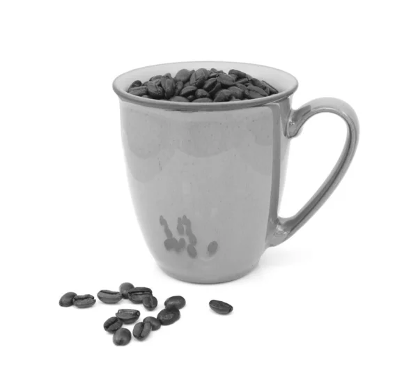 Dark Roasted Coffee Beans Mug Spilled White Background Monochrome Processing — Stock Photo, Image