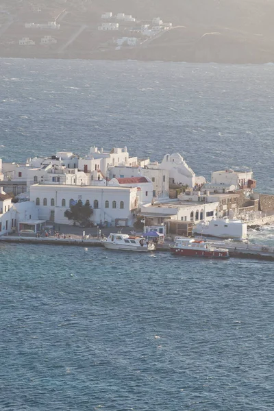 Vista Panorámica Del Puerto Mykonos Con Los Molinos Viento Famosos —  Fotos de Stock