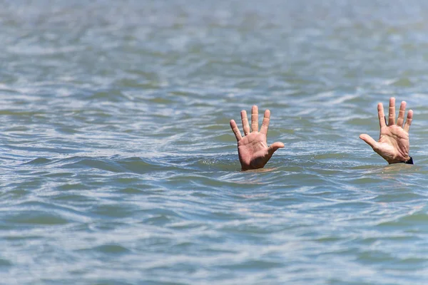 Pair Masculine Hands Sticks Out Sea Water Summer Day Gesture — Stock Photo, Image