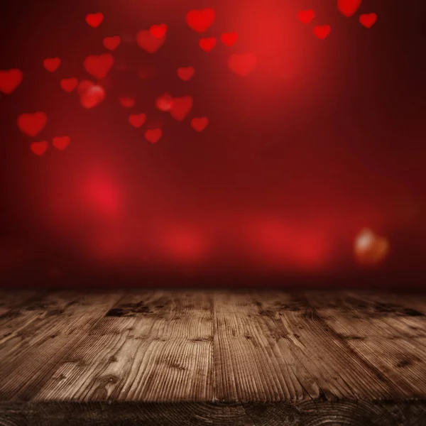 Estágio Madeira Frente Vermelho Brilhante Valentines Fundo Com Corações — Fotografia de Stock