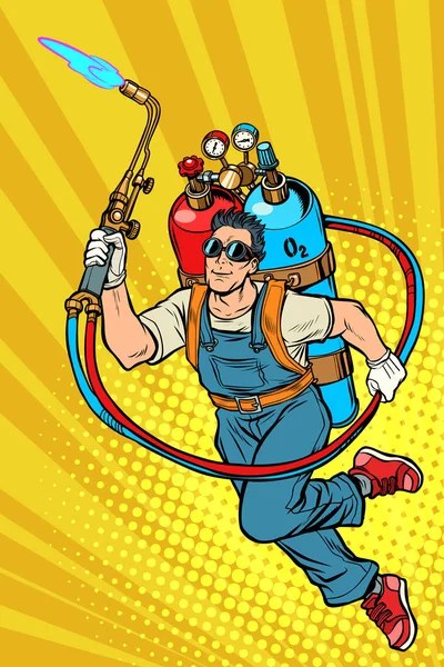 Saldatore Lavoratore Professionista Supereroe Con Bombole Gas Pop Art Retro — Foto Stock