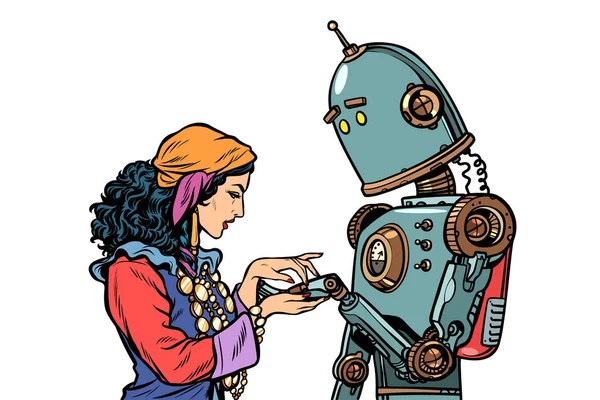 Cigano Contar Fortunas Pela Mão Robô Quer Saber Sobre Amor — Fotografia de Stock