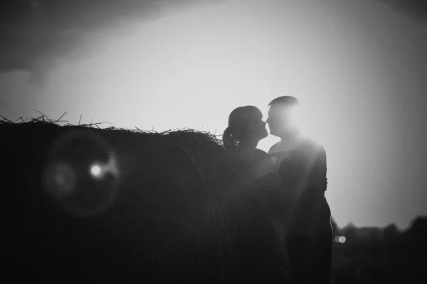 Silhouettes Man Woman Background Sun Field — Stock Photo, Image