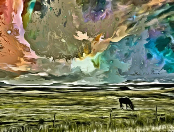 Surreal Digital Art Grace Horse Grazes Field Vivid Colorful Sky — Stock Photo, Image