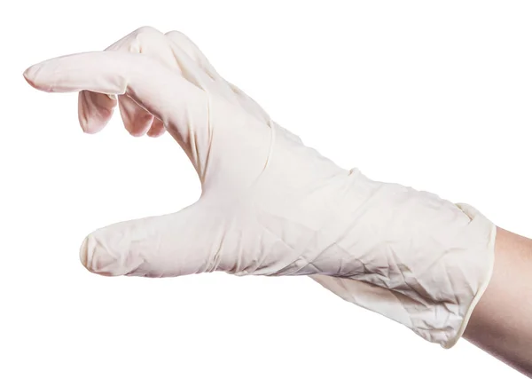 Женская Рука Латексной Перчатке Показывает Большой Размер Изолированы Белом Фоне — стоковое фото