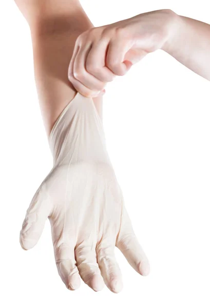 Female Hand Pulls Latex Glove Another Hand Isolated White Background — Stock Photo, Image