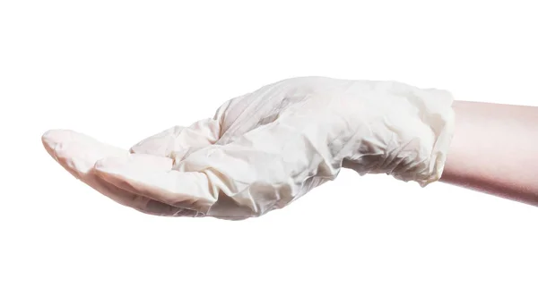 Пустые Горсть Ладони Латексной Перчатке Изолированы Белом Фоне — стоковое фото