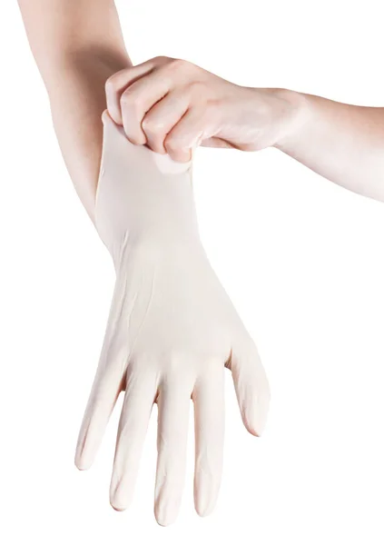 Vorderseite Der Weiblichen Hand Zieht Latex Handschuh Einer Anderen Hand — Stockfoto