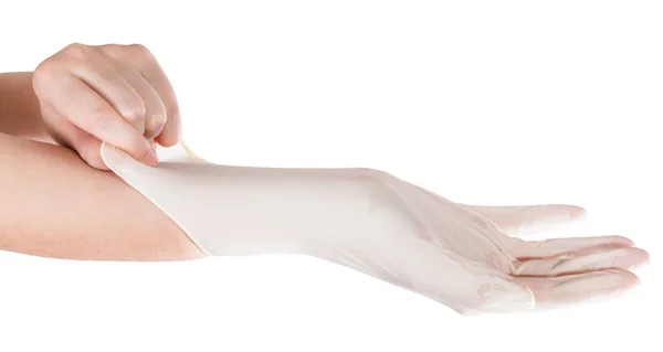 Seitenansicht Der Weiblichen Hand Trägt Latex Handschuh Auf Einer Anderen — Stockfoto