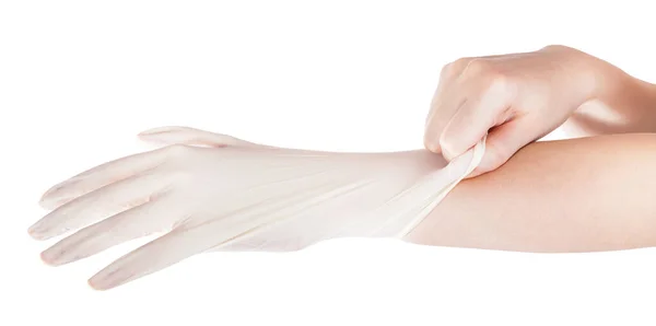 Боковой Вид Женской Руки Тянет Латексную Перчатку Другой Стороны Белом — стоковое фото