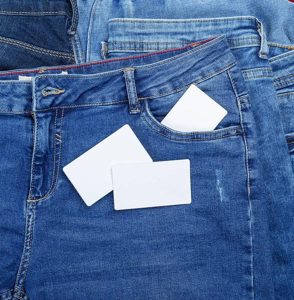 Blank White Paper Business Cards Blue Jeans Background Close Stock Image