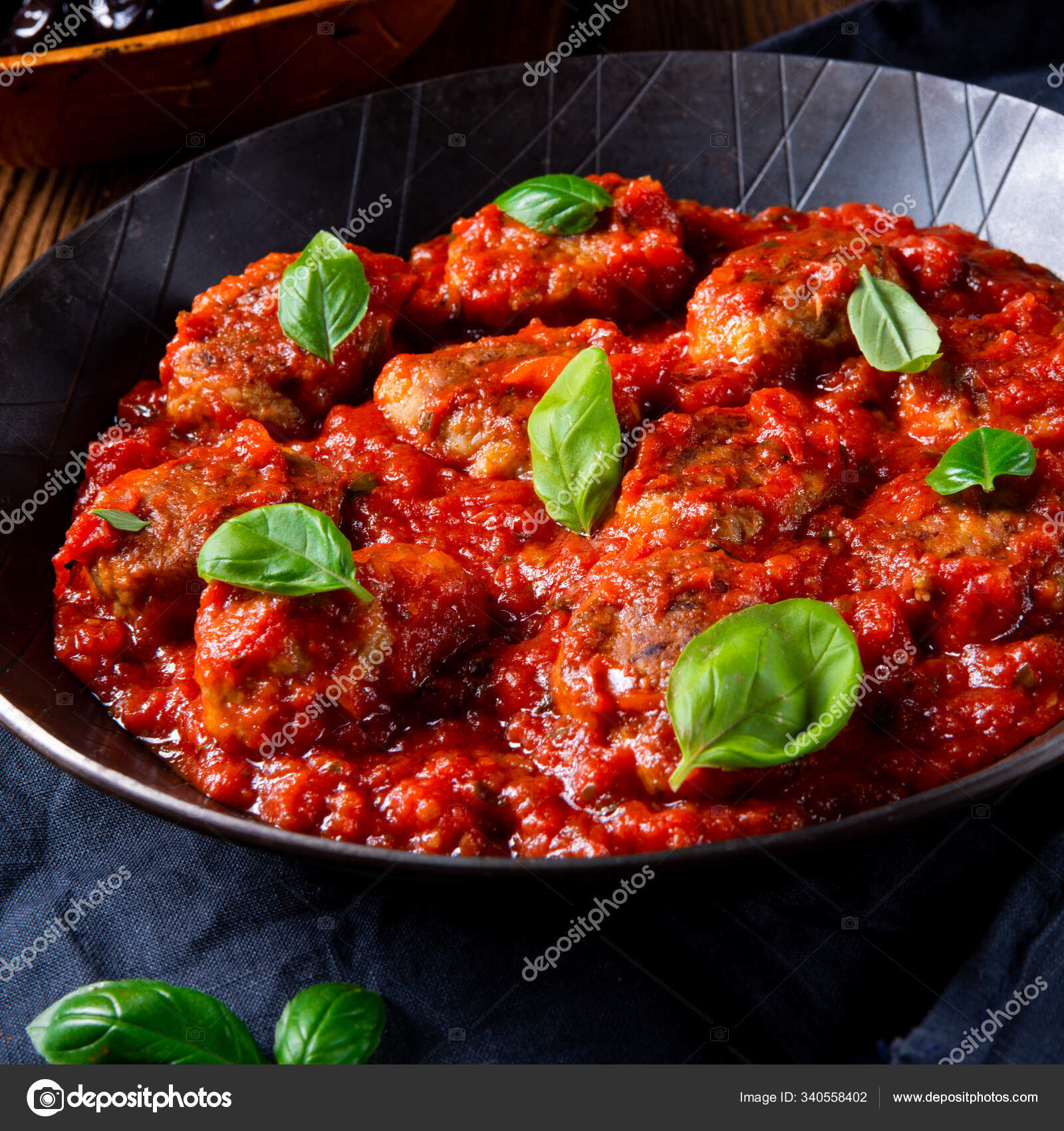 Baked Mini Meatballs Tomato Sauce Basil Stock Photo by
