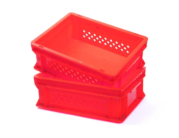 Caixas Plástico Vermelho Vazio Isolado Branco — Fotografia de Stock