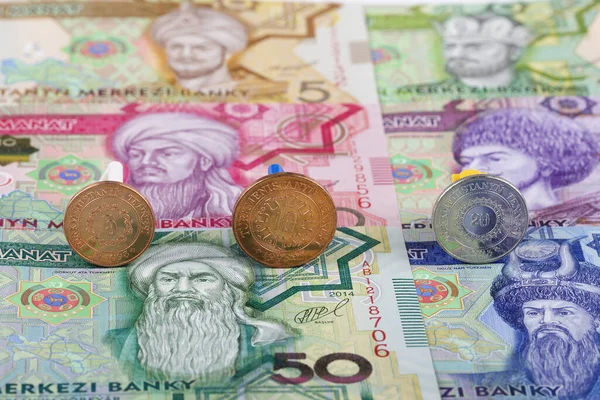 Turquemenistão Moedas Tenge Fundo Das Notas — Fotografia de Stock
