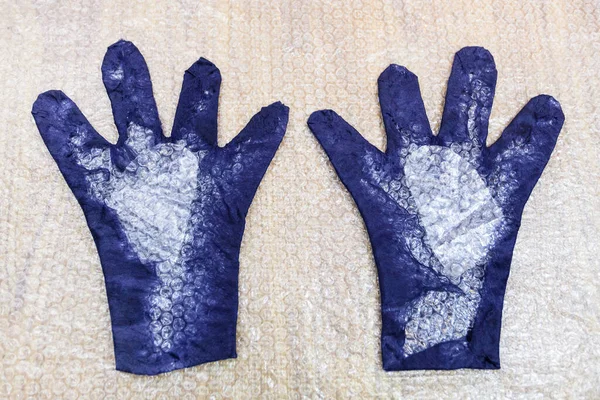 Workshop Hand Making Fleece Gloves Blue Merino Sheep Wool Using — Stock Photo, Image