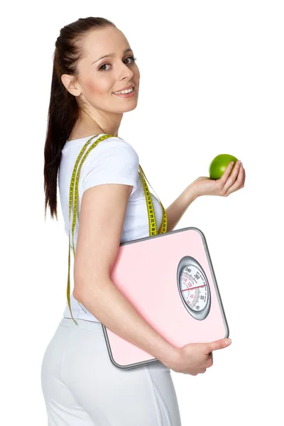 Mujer Joven Deportiva Con Escamas Manzana Sobre Fondo Blanco Concepto — Foto de Stock