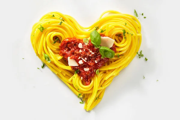 Decorative Heart Shaped Pasta Still Life Formed Cooked Spaghetti Topped — Stock Photo, Image