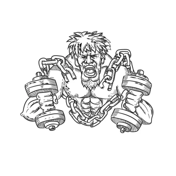 Cartoon Style Illustration Buffed Ripped Athlete Goatie Dumbbells Breaking Free — Stock Photo, Image