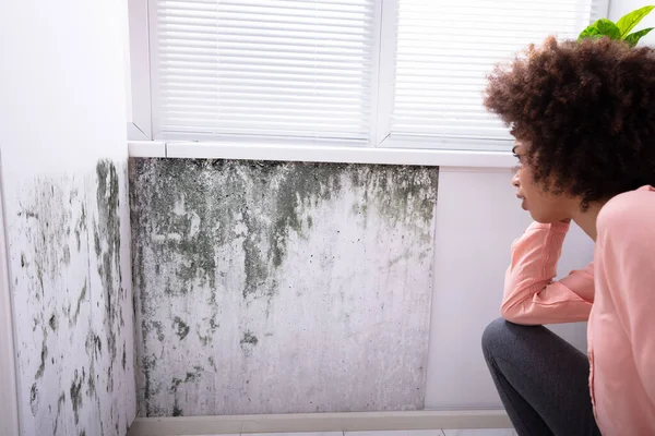 Side View Of A African Young Woman Looking At Mold On White Wall