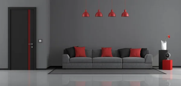 Gray Black Red Modern Living Room Modern Sofa Closed Door — стоковое фото