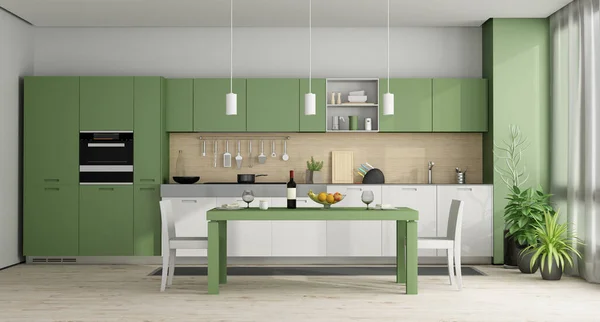 Cocina Moderna Verde Blanca Con Mesa Comedor Renderizado — Foto de Stock