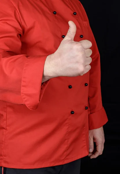 Cuisinier Rouge Montre Geste Comme Fond Noir — Photo