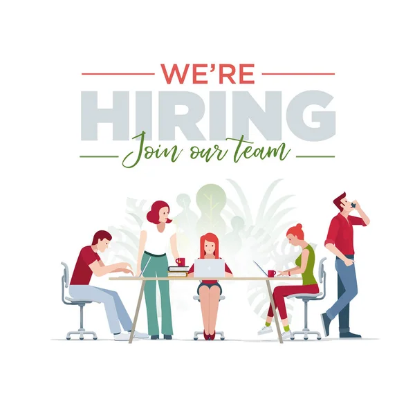 We are hiring, Join our team. Hiring and recruitment concept illustration and design. Casual business team working in office. Vector illustration.