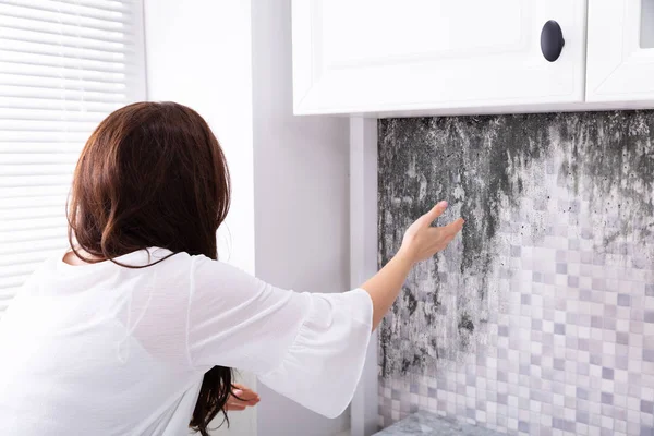 Vue Latérale Une Jeune Femme Regardant Moule Sur Mur — Photo