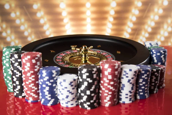 Poker Chips Gaming Table Roulette Wheel Motion Casino Background — Stock Photo, Image